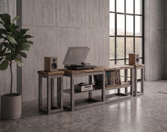 Set di rack audio industriale e supporti per altoparlanti • Supporto Hi-Fi in legno massello di faggio da 30 mm •