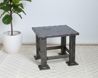 Industrial Metal Side Table, Handcrafted Riveted Steel Stool,Brutalist Nightstand,Heavy Duty Plant Stand,Wabi-Sabi Loft Decor,Minimalist Art