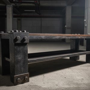 Könnte beinhalten: Dunkle, industriell gestaltete Bank mit unterem Regal. Die Bank ist aus dunklem Metall gefertigt und hat große Schrauben an den Verbindungen. Die Oberseite ist aus hellem, braunem Holz. Das Design ist robust und minimalistisch.