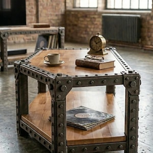 Peut inclure: Table basse de style industriel avec un plateau et une étagère en bois clair, encadrée par une structure en métal foncé avec des boulons visibles. Une tasse de café, un livre et une horloge sont posés dessus. La table mesure environ 100 cm de long.
