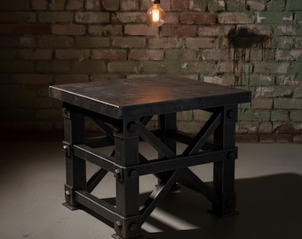 Industrial Metal Side Table with Rivets, Heavy Duty Steel Nightstand, Brutalist End Table, Rustic Loft Coffee Table, Handcrafted Plant Stand