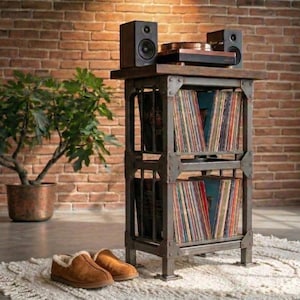 Può includere: Un mobile per giradischi in stile industriale con piano in legno scuro e struttura in metallo. Il mobile contiene dischi in vinile e ha due altoparlanti neri. Una pianta in vaso e delle pantofole sono in primo piano.
