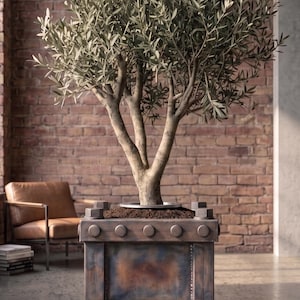 Grote industriële metalen plantenbak, zware stalen bloempot, brutalistische plantenbak in loftstijl, handgemaakte moderne plantenbak, ruw staal decor