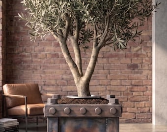 Grote industriële metalen plantenbak, zware stalen bloempot, brutalistische plantenbak in loftstijl, handgemaakte moderne plantenbak, ruw staal decor