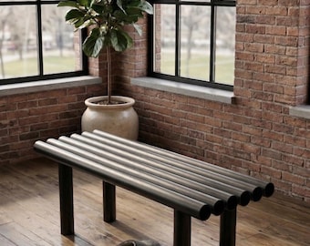 Banc tubulaire en métal, fabrication artisanale - Repose-pieds minimaliste en acier noir - Mobilier sculptural moderniste - Longueur : 90 cm