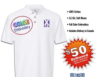 Personalized Custom Pique Polo Shirt. 100% Cotton Golf Shirt. Company Logo Polo Shirts. Color Embroidered Polos. Trade Show Employee Shirts.