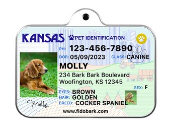 Kansas Driver License Dog ID Tag: Personalized Pet Name Tag