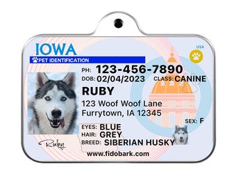 Iowa Pet ID Tag: Custom Driver License Dog Tag