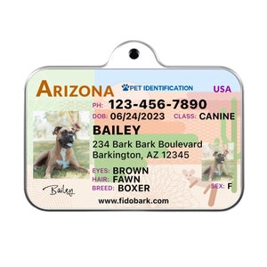 Dog License Tag ID - Personalized Pet Driver License Id - Dog State ID - Custom Dog ID Tags - Arizona