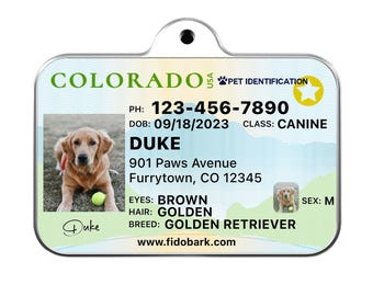 Colorado Driver License Pet ID Tag: Personalized Dog Tag