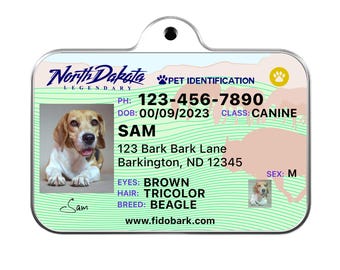 North Dakota Pet ID Tag: Custom Driver License Dog Tag