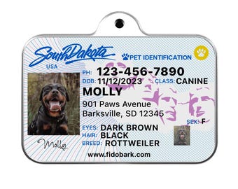 South Dakota Pet ID Tag: Custom Driver License Dog Tag