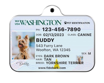 Washington Driver License Dog ID Tag: Custom Pet Name Tag