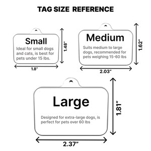 Pode incluir: Diagrama mostrando tr&ecirc;s tamanhos diferentes de etiquetas para c&atilde;es com dimens&otilde;es em polegadas. As etiquetas s&atilde;o etiquetadas como "Pequena", "M&eacute;dia" e "Grande" e incluem descri&ccedil;&otilde;es do tamanho do c&atilde;o para o qual cada etiqueta &eacute; mais adequada.