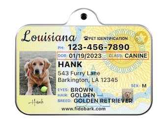 Louisiana Pet ID Tag: Custom Driver License Dog Tag