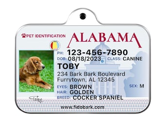 Alabama Driver License Pet ID Tag: Personalized Dog Tag