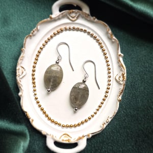 Labradorite Oval Drop Earrings – Grey Green Gemstone Dangles, Minimalist Stainless Steel French Hook Earrings, Handmade Jewelry