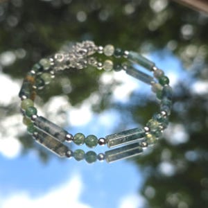Moss Agate and Stainless Steel Bracelet – Green Gemstone Jewelry, Adjustable Layering Bracelet, Nature-Inspired Minimalist, Gift for Her