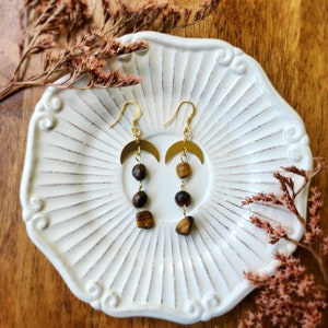 Tigers Eye: Gold Dangly Moon Earrings, Handmade, and Wire wrapped, Tigerseye Gemstone, Cottagecore Fairy Goth Jewelry, Unique Brass Jewelry