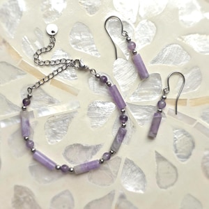 Amethyst Bracelet and Earrings Set – Purple Gemstone Jewelry, Stainless Steel Findings, Handmade Gift for Her, Minimalist Jewelry