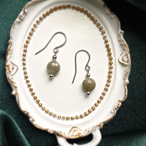 Labradorite coin Drop Earrings – Grey Green Gemstone Dangles, Minimalist Stainless Steel French Hook Earrings, Handmade Jewelry