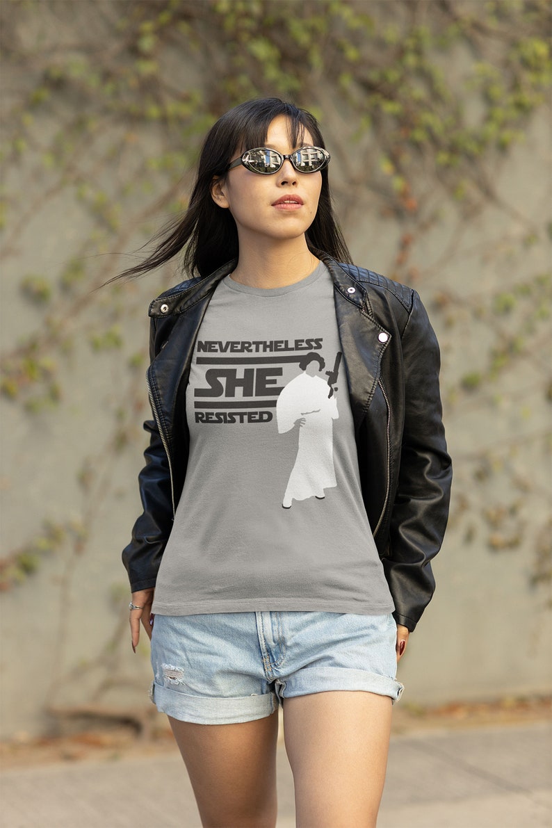 Star Wars Feminist Shirt Princess Leia Tshirt Galaxy Edge Outfit Geeky Gift Women Empowerment Tee Nerdy Pop Culture Blaster Resistance Nevertheless She Resisted Disney World Outfit
