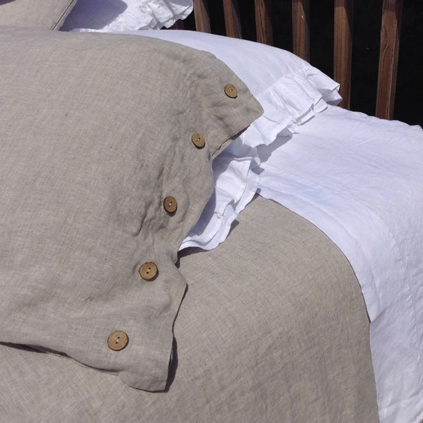 Pure Linen Duvet Cover Set 3 PC Natural Linen Color Super Soft Organic 100% Flax King Queen Full Coconut Button