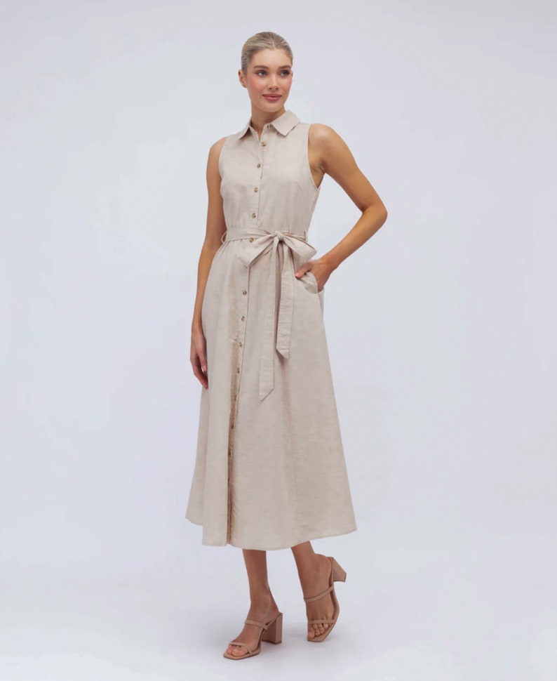 Premium 100% LINEN white black flax DRESS midi button down dress Linen midi dress Linen shirt dress for woman Sleeveless Dress linen dress image 3