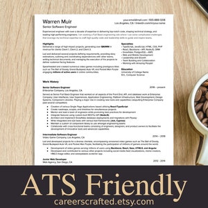 May include: A resume for a Senior Software Engineer named Warren Muir. The resume highlights his experience in software development, including his work on video games and enterprise software. The resume also lists his skills and education.