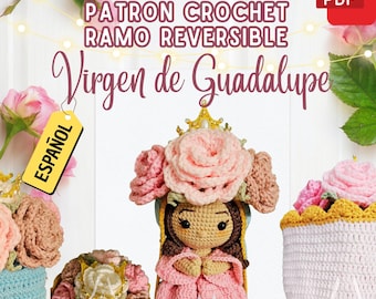 Virgen de Guadalupe Amigurumi Crochet Pattern (PDF in Spanish) Reversible Rosa y Azul