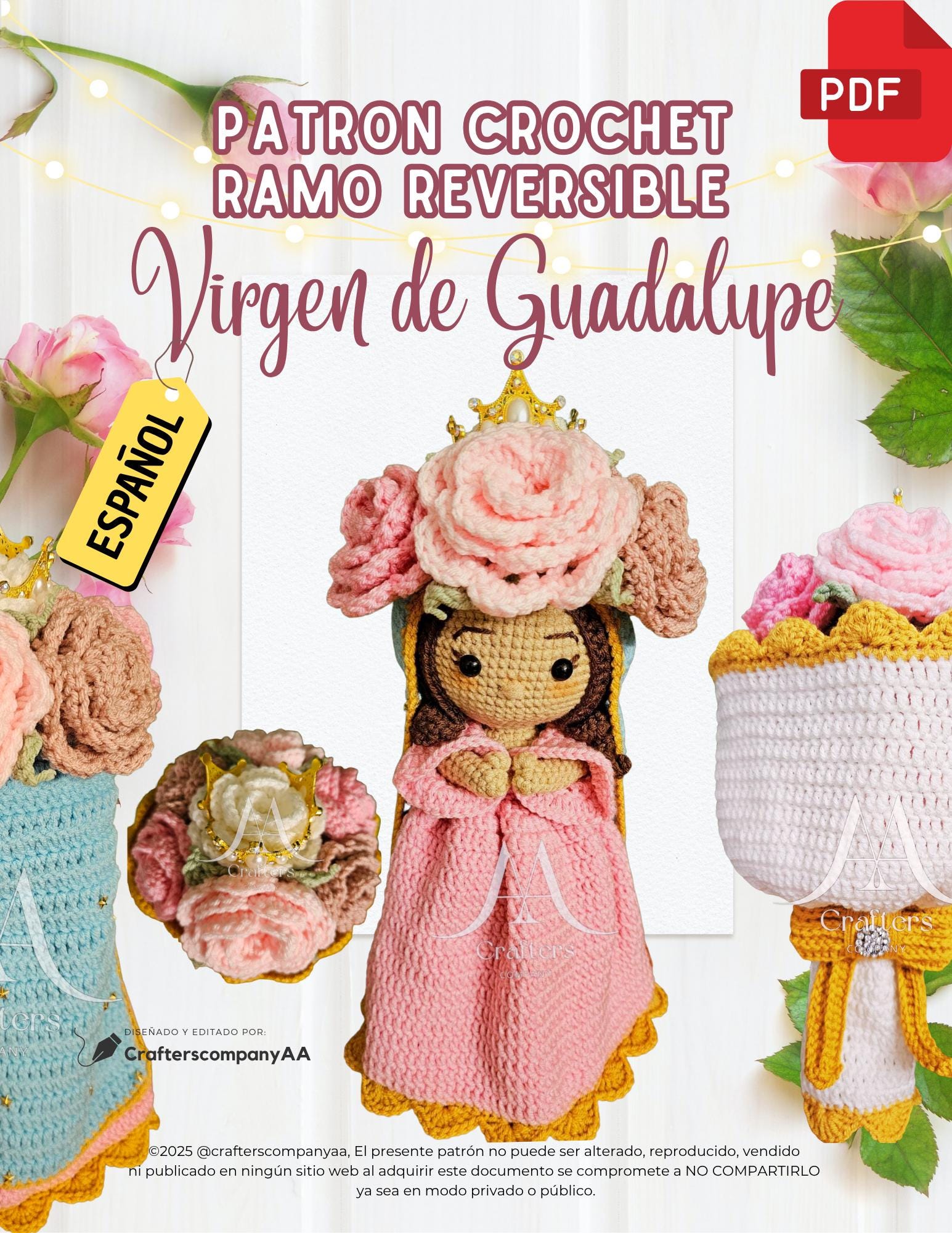 PATRÓN en PDF Ramo Reversible Virgen de Guadalupe Rosa y Azul en ESPAÑOL, archivo digital en pdf para hacer amigurumis católicos