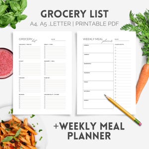 Printable Grocery List, Weekly Meal Planner, Food Shopping List, Instant Download PDF, A4/A5/Letter Size, Grocery Checklist Template