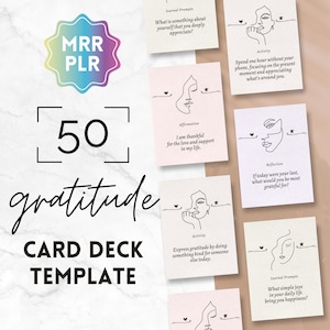 Baraja de cartas de agradecimiento PLR, plantillas de Canva imprimibles, derechos de reventa maestra (MRR) y derechos de marca privada, indicaciones para diario con citas y afirmaciones