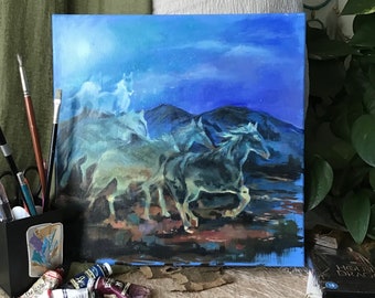 Original Painting, Oil on Stretched Canvas , Home Wall Art, Miniature , Contemporary Horse and Mountains Fantasy , square , blue .