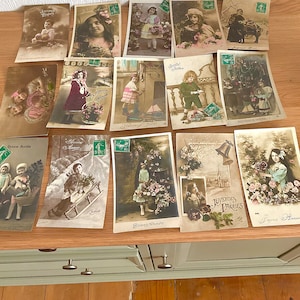 15 Sweet ANTIQUE French ORIGINAL POSTCARDS 1900 Children Posing Period Edwardian Clothes Social History Colour Tint Doll Toy Sleigh Ephemera