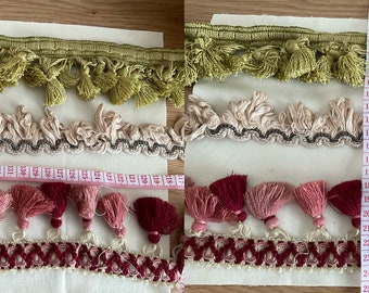 3 Pretty Lengths Of Cream Pink & Green Vintage French Gimp Braid Tassels Haberdashery Trimmings PASSEMENTERIE Cushions Curtain Lampshades