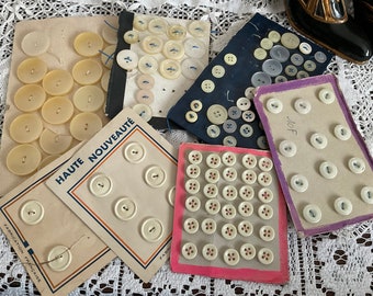 Antique Several PACKETS VINTAGE Buttons Cream White  Art Deco Haute Nouveaute French Haberdashery Mother of Pearl Acrylic Original Cards