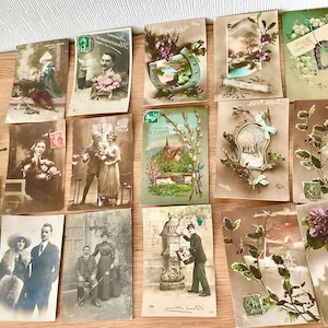 16 ANTIQUE FRENCH 1900 Art Nouveau Fantasie Glamour Couples Romance Postcards junk journaling scrapbook Colour Tint & Black W Social History