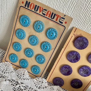 Vintage Haberdashery French Buttons Turquoise Rope Effect~Purple Flower Beautiful Original Card Nouveaute Modele Depose Sewing Craft Cushion
