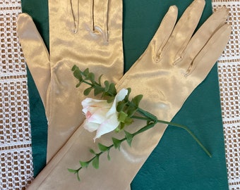 Beautiful long Vintage Elegant Opera Prom Debutante Theatre Satin Shiny Slim gloves Champagne Oyster gold colour 1950’s Lovely condition