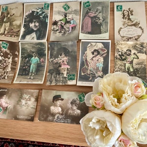 12 ANTIQUE French ORIGINAL POSTCARDS >1900 Characterful Children Period Edwardian Clothes Colour Tinted Not Repros Junk Journal Scrap book