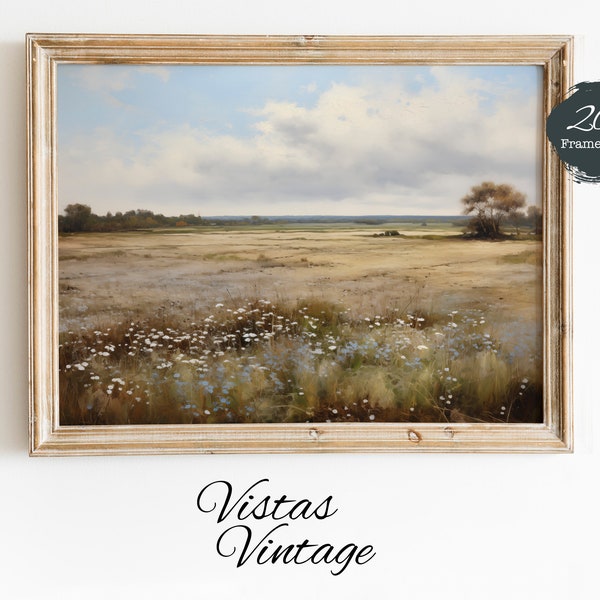 Vintage Landscape Painting Art I DIGITAL DOWNLOAD I Wildflowers I Blue Sky and green field I Landscape I antique I Oil Painting