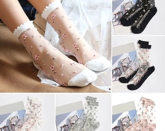 Calcetines de seda de cristal de malla transparente para mujer y niña, calcetín de tobillo de tul elástico de verano con encaje transparente ultrafino, flor rosa bonita