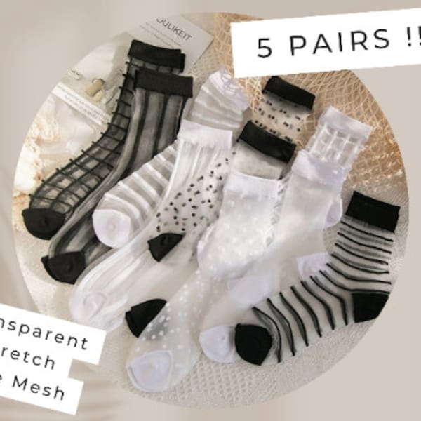 5 paires de chaussettes pour femmes et dames à la mode, en maille transparente, en verre et en soie