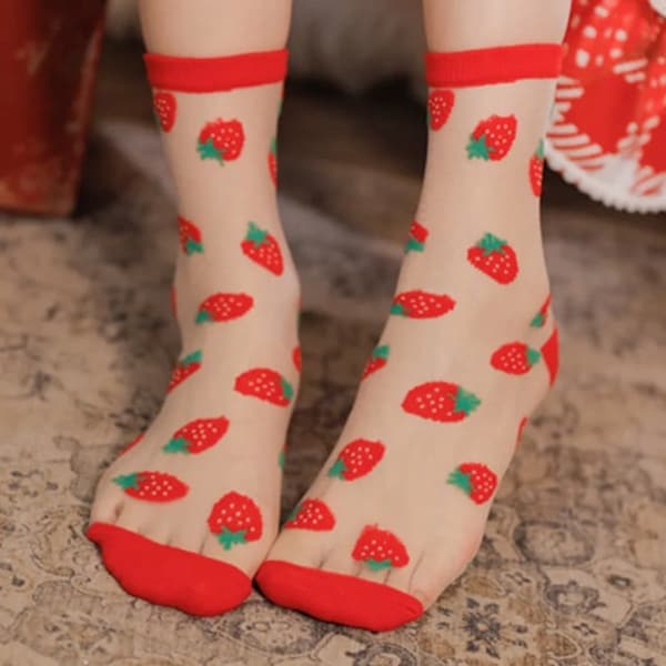 Women Ladies Girls Socks Fashion Sheer Mesh Ultra thin Transparent Lace Ruffle Strawberry Embroidery Elastic Summer Tulle Ankle Socks