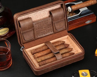 GALINER Portable Cedar Wood Cigar Humidor Box Travel Leather Cigar Case Storage 4 Cigars Box Humidor Humidifier For Sigar