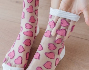 Calcetines de seda de cristal de malla transparente para mujer y niña, calcetín de tobillo de tul elástico de verano con corazones rosados, encaje transparente ultrafino
