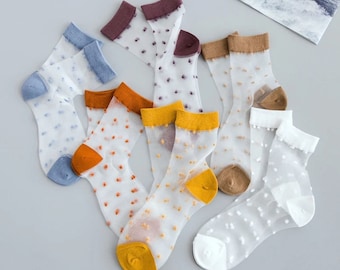 6 pares de calcetines divertidos y dulces para mujer, calcetines de seda de cristal de malla transparente a la moda, calcetines tobilleros elásticos de encaje de cristal transparente ultrafinos