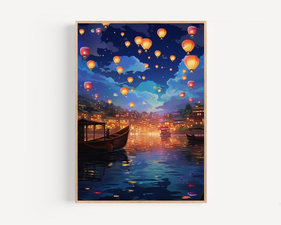 Nieuw Jaar Lantaarn Festival Olie Verf Stijl Kleurrijke Markt Met  