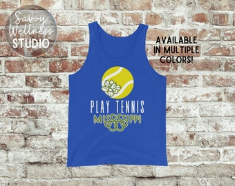 May include: Royal blue tank top with a green and yellow tennis ball graphic and the text "Play Tennis Mississippi".